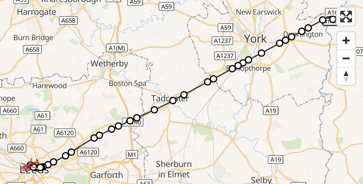 Flight route Air Ambulance Helicopter Stamford Bridge - Lovell Park, 16 August 2026, 16:04