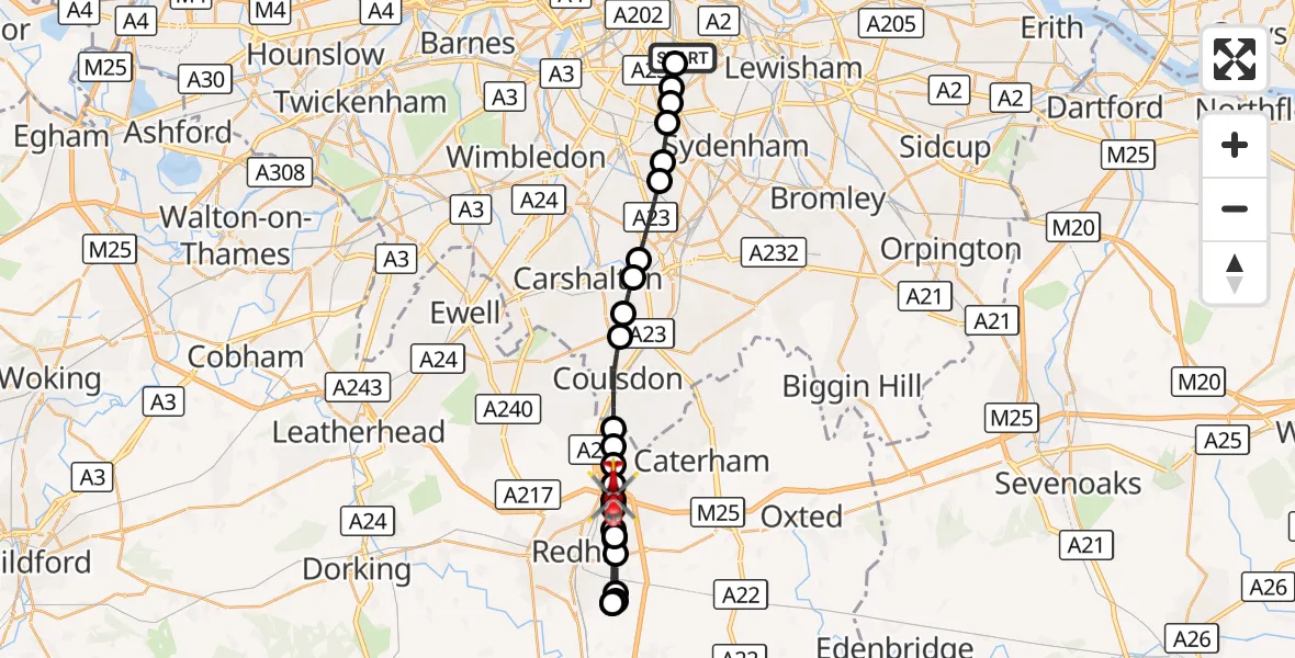 Flight route Air Ambulance Helicopter Kings College London Hospital - Merstham, 16 August 2026, 16:04