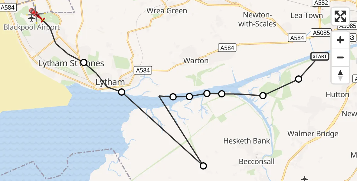 Flight route Air Ambulance Helicopter Lea Town - Blackpool Airport, 16 August 2026, 16:06