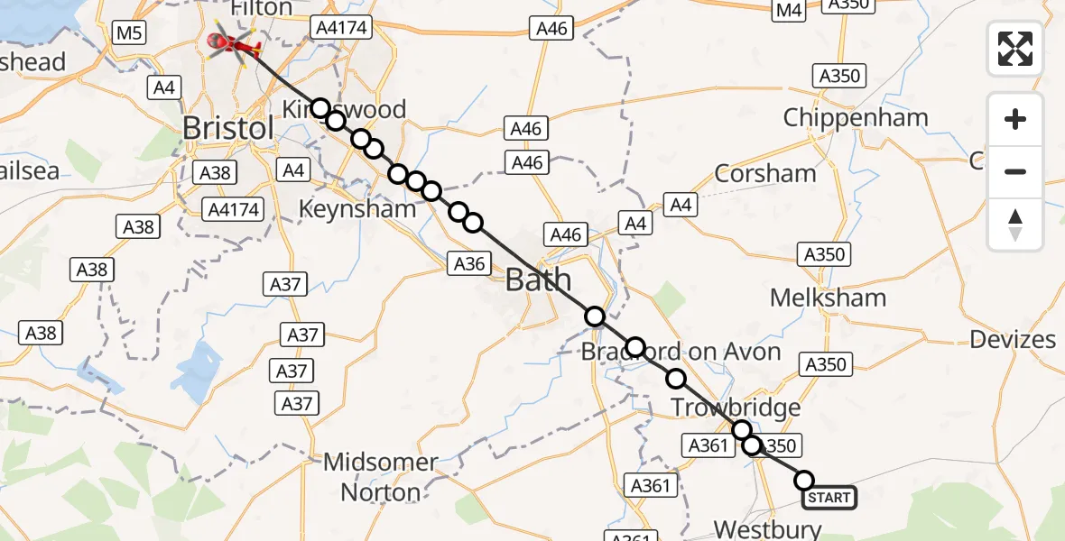 Flight route Air Ambulance Helicopter Bratton - Bristol, 16 August 2026, 16:09