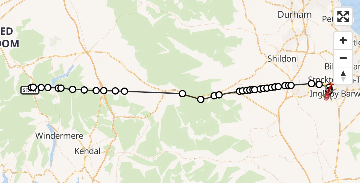 Flight route Air Ambulance Helicopter St. John's Castlerigg and Wythburn - Egglescliffe, 16 August 2026, 16:10