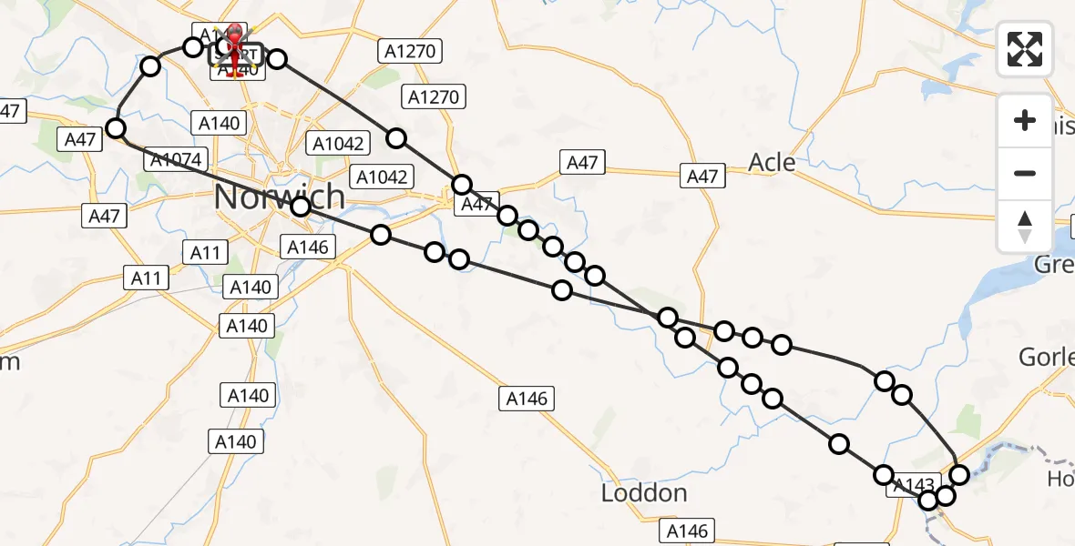 Flight route Air Ambulance Helicopter Norwich Airport - Norwich Airport, 16 August 2026, 16:11
