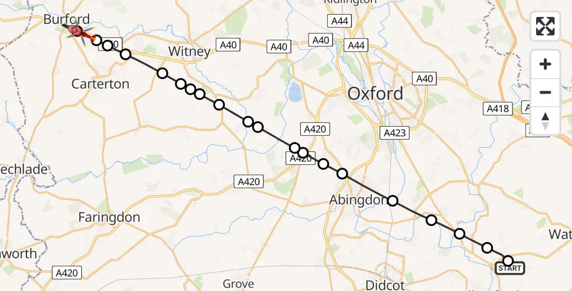 Flight route Air Ambulance Helicopter RAF Benson - Burford, 16 August 2026, 16:16