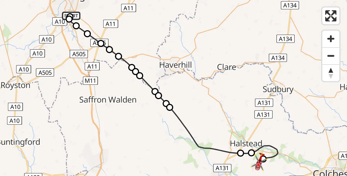 Flight route Air Ambulance Helicopter Papworth Hospital - Earls Colne Airfield, 16 August 2026, 16:18