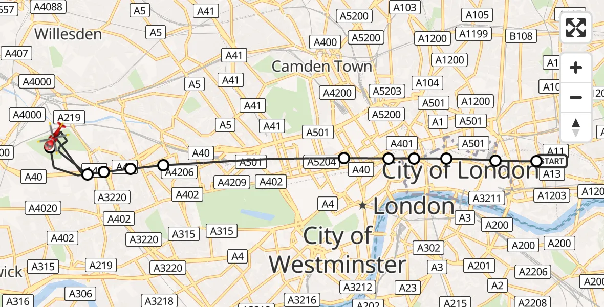 Flight route Air Ambulance Helicopter Royal London Hospital - Hammersmith and Fulham, 16 August 2026, 16:22