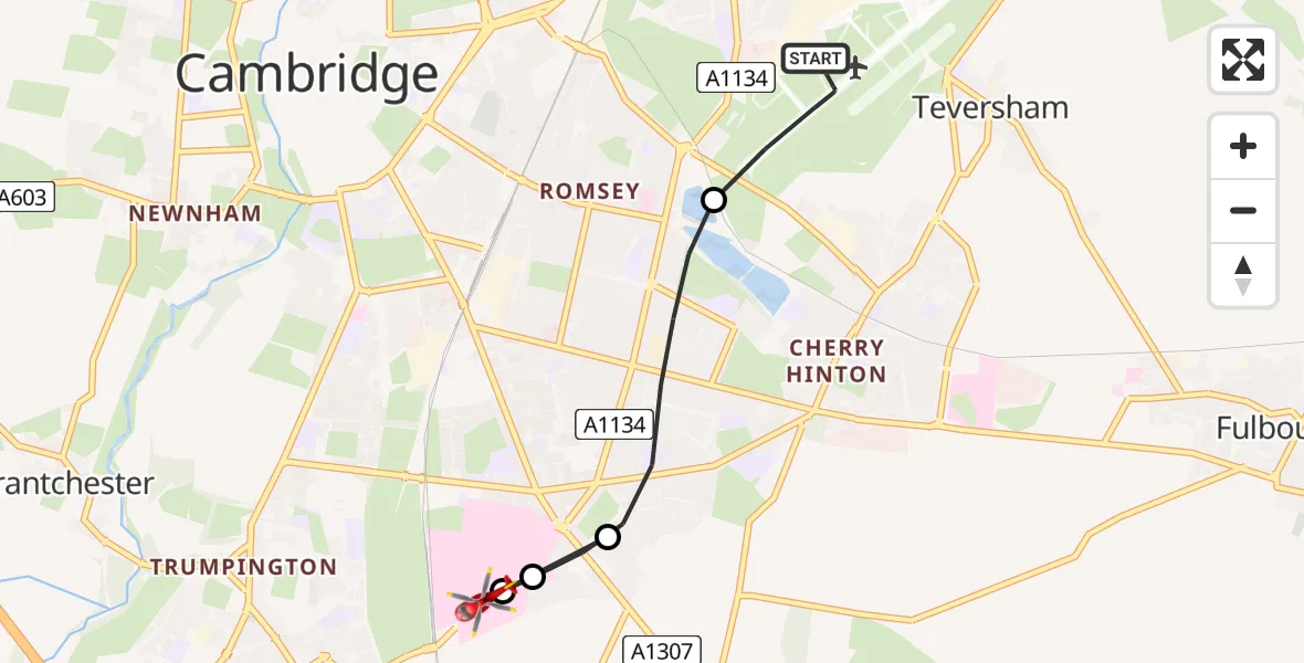 Flight route Air Ambulance Helicopter Cambridge City Airport - Papworth Hospital, 16 August 2026, 16:24