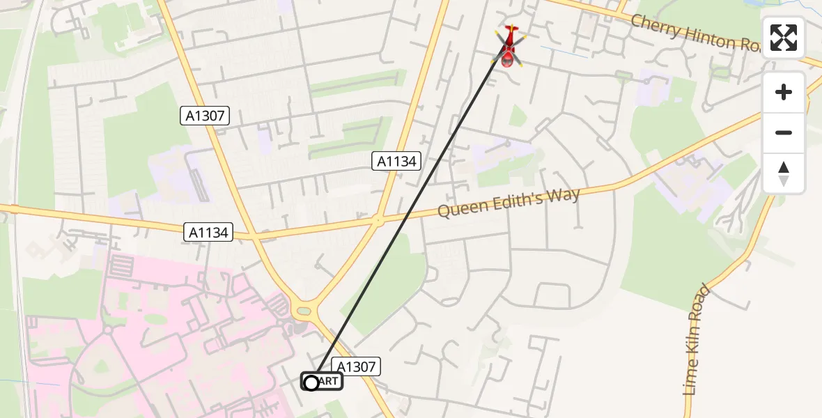 Flight route Air Ambulance Helicopter Addenbrooke Hospital - Cambridge, 16 August 2026, 16:32