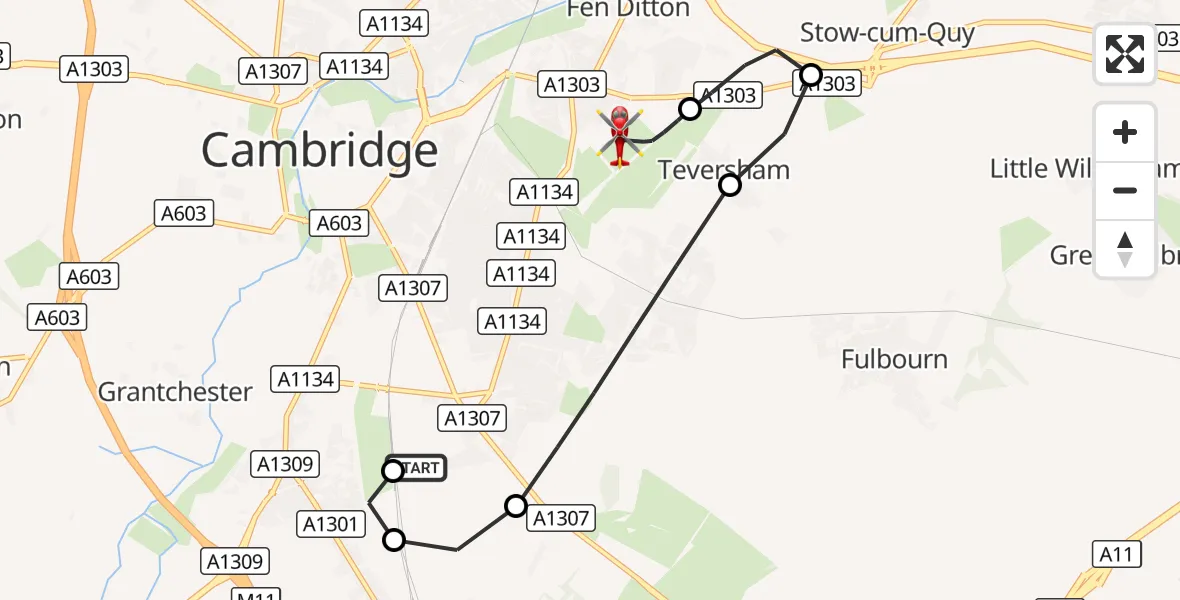 Flight route Air Ambulance Helicopter Papworth Hospital - Cambridge City Airport, 16 August 2026, 16:46