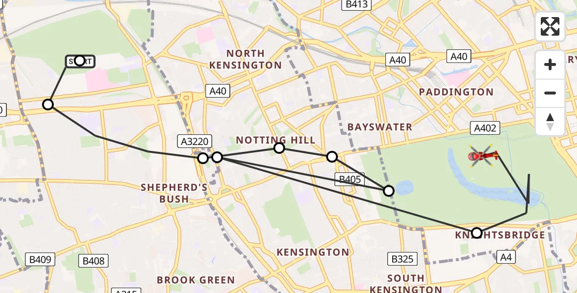 Flight route Air Ambulance Helicopter Shepherd's Bush - City of Westminster, 16 August 2026, 16:51