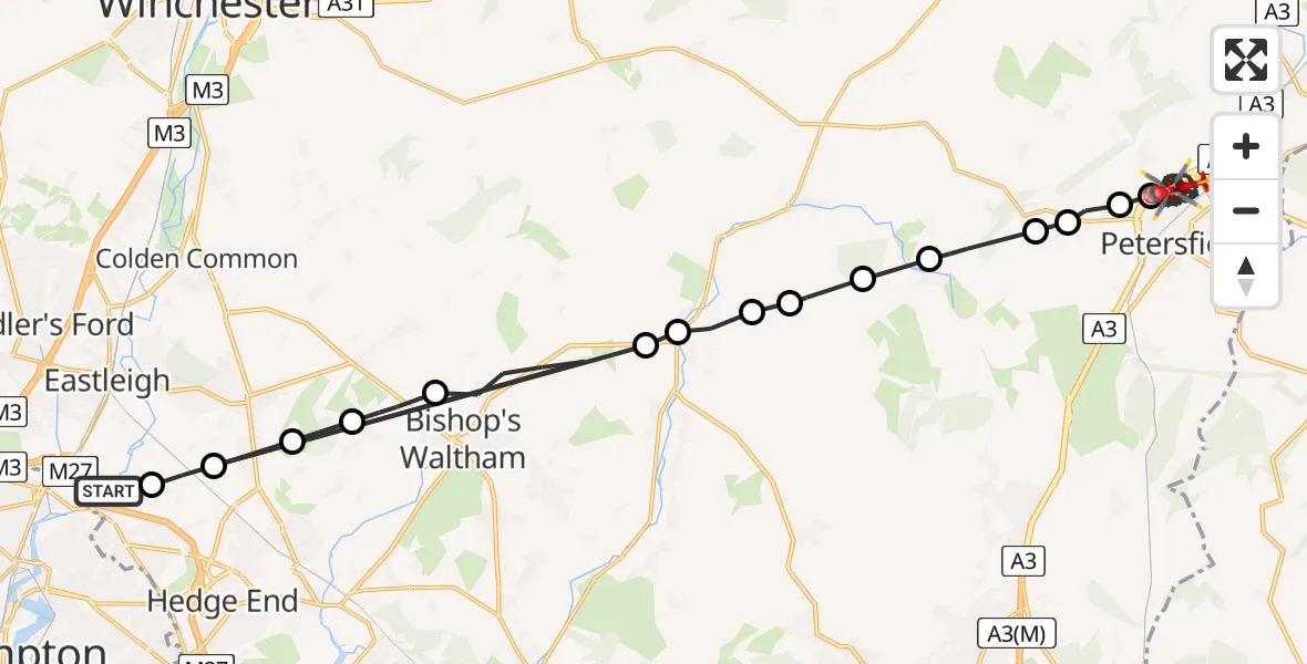 Flight route Air Ambulance Helicopter Southampton Airport - Petersfield, 16 August 2026, 16:53