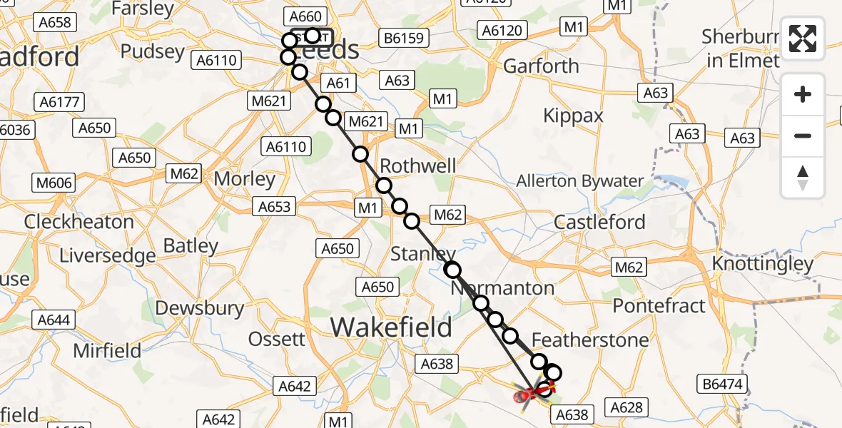 Flight route Air Ambulance Helicopter Woodhouse - YAA Nostell Helicopter Port, 16 August 2026, 17:01