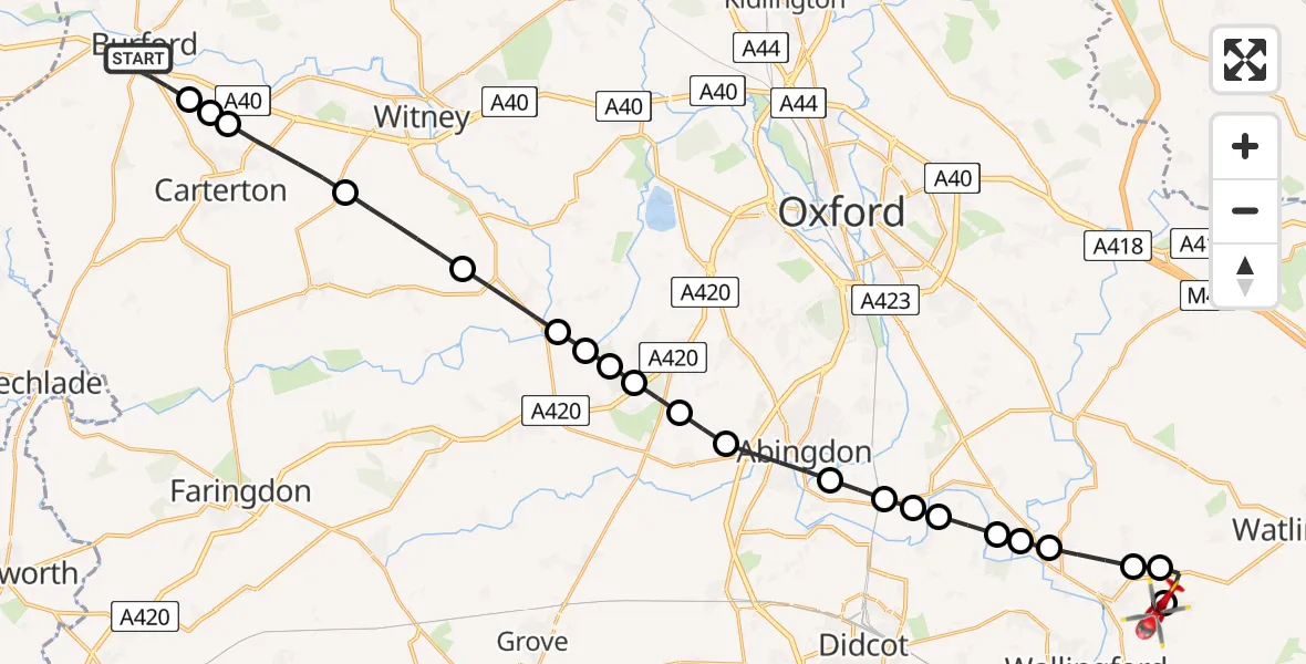 Flight route Air Ambulance Helicopter Burford - RAF Benson, 16 August 2026, 17:02