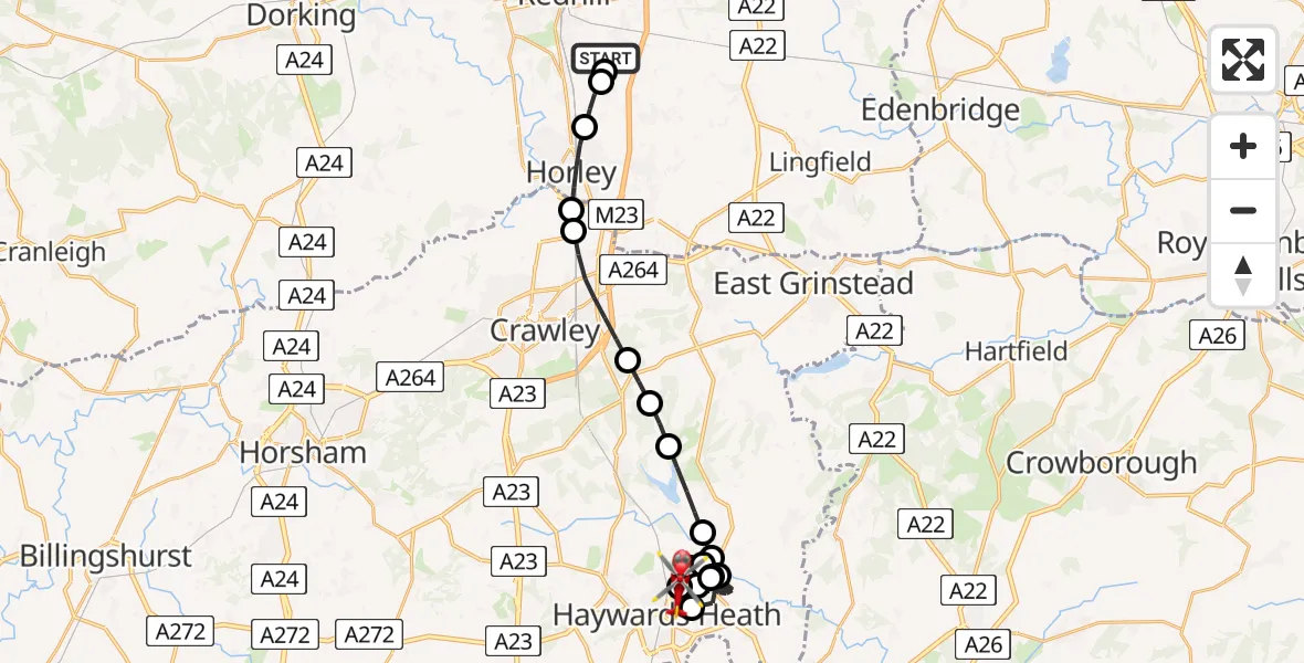 Flight route Air Ambulance Helicopter Redhill Aerodrome - Haywards Heath, 16 August 2026, 17:08