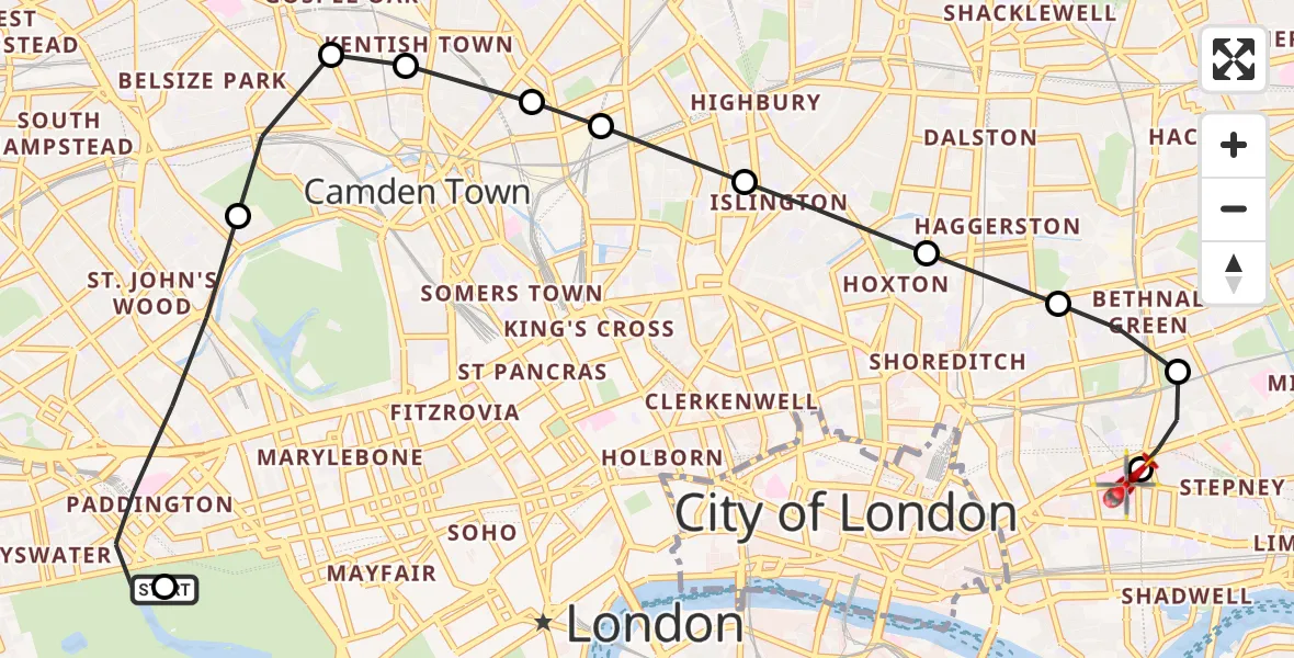 Flight route Air Ambulance Helicopter City of Westminster - Royal London Hospital, 16 August 2026, 17:17