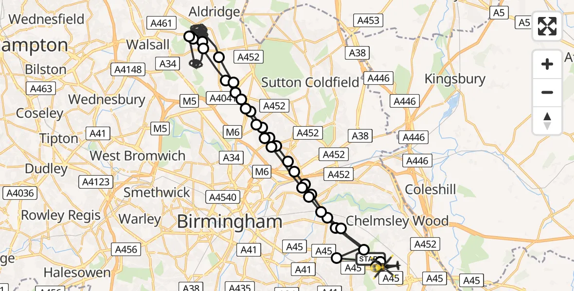 Flight route Police Helicopter Sheldon - Birmingham Airport, 16 August 2026, 17:19