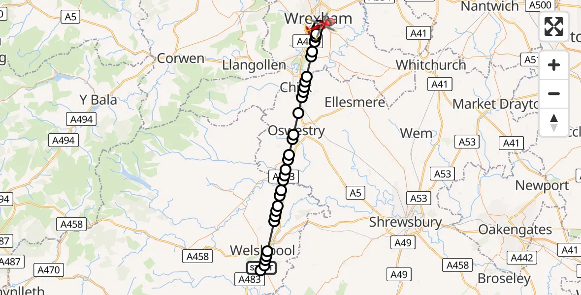 Flight route Air Ambulance Helicopter Welshpool Airport - Felin Puleston, 16 August 2026, 17:28