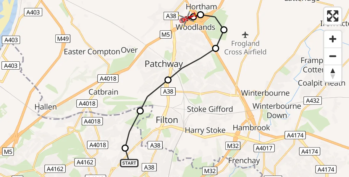 Flight route Air Ambulance Helicopter Southmead Hospital - Almondsbury Helicopter Base, 16 August 2026, 17:28