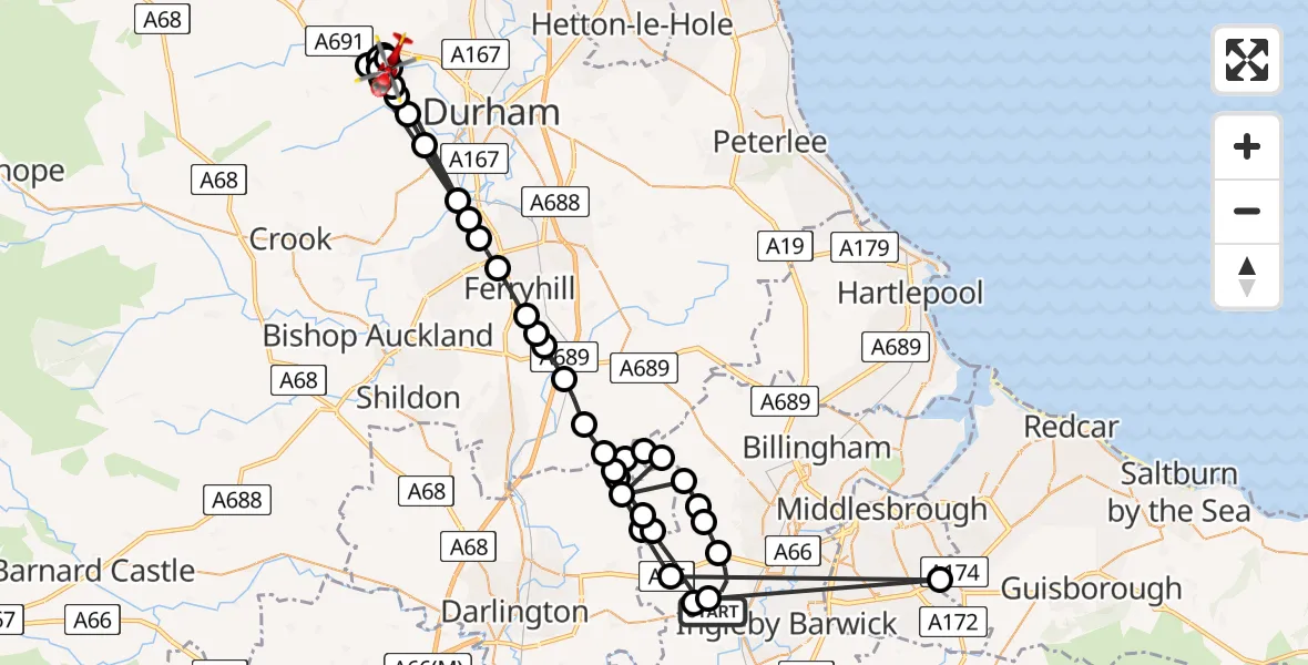 Flight route Air Ambulance Helicopter Egglescliffe - Langley Park, 16 August 2026, 17:30