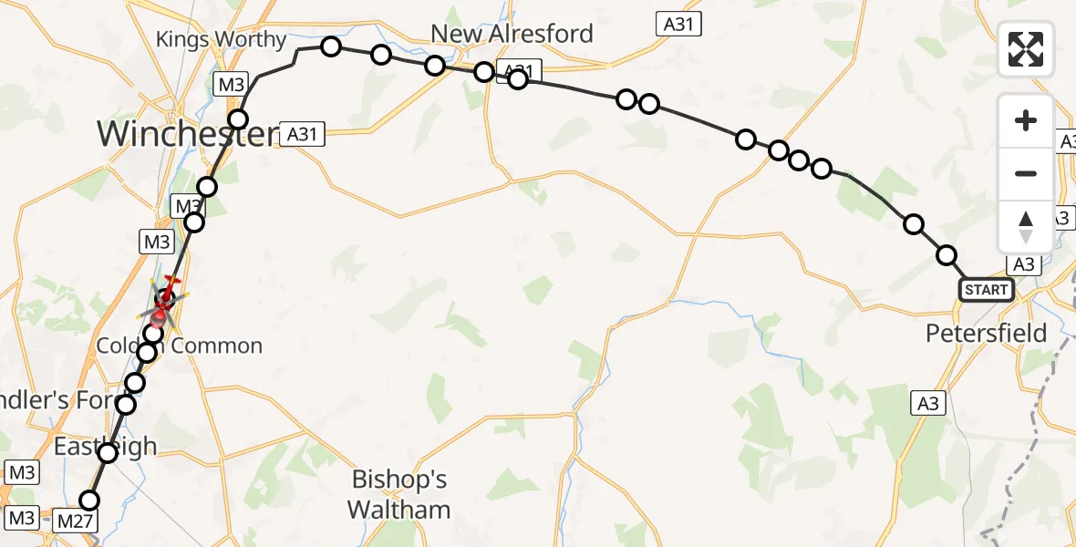Flight route Air Ambulance Helicopter Petersfield - Twyford, 16 August 2026, 17:48