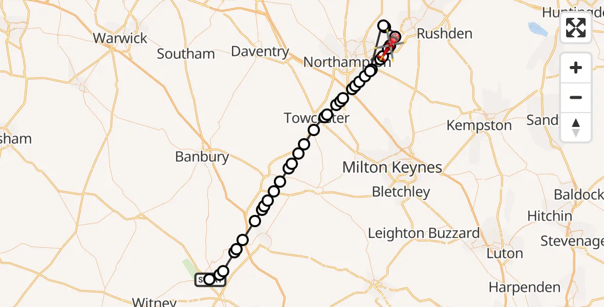 Flight route Air Ambulance Helicopter London Oxford Airport - Earls Barton, 16 August 2026, 17:50