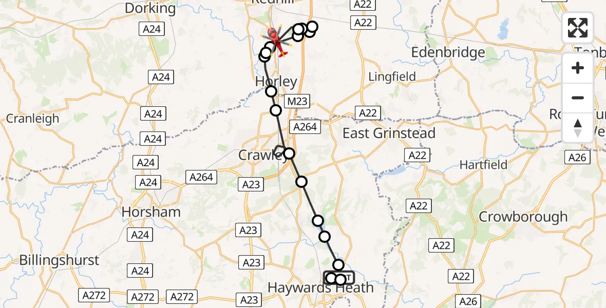 Flight route Air Ambulance Helicopter Lindfield - Salfords, 16 August 2026, 17:55