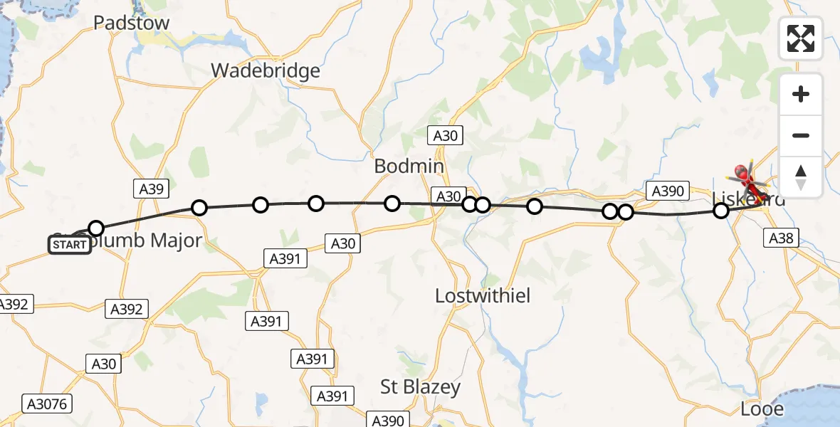 Flight route Air Ambulance Helicopter Cornwall Airport Newquay - Liskeard, 16 August 2026, 18:02
