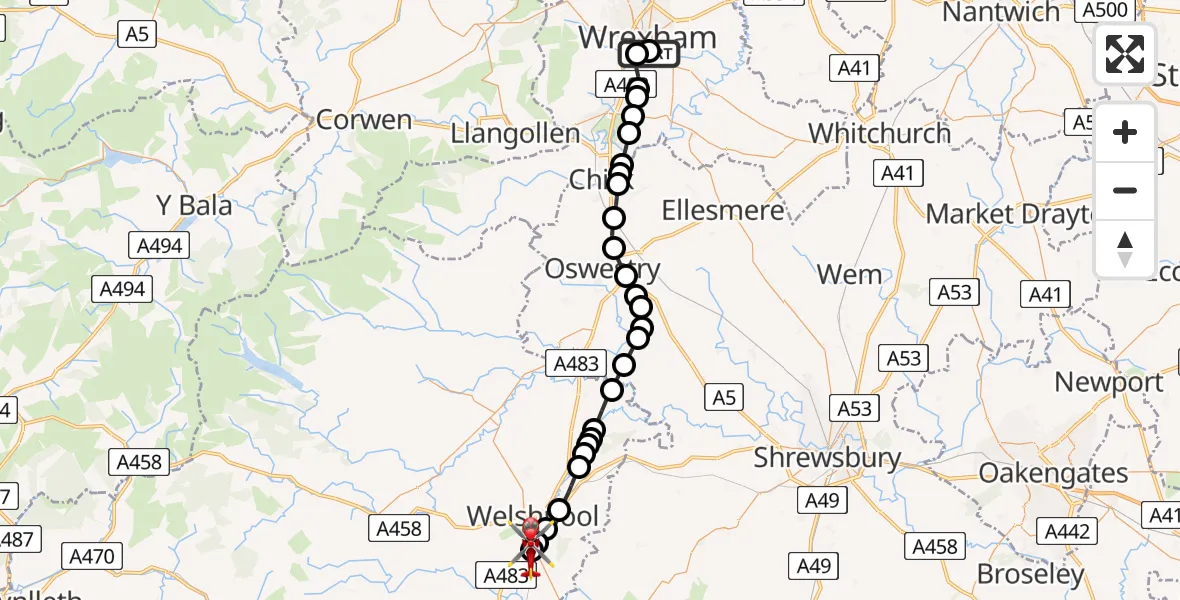 Flight route Air Ambulance Helicopter Hightown - Welshpool Airport, 16 August 2026, 18:05