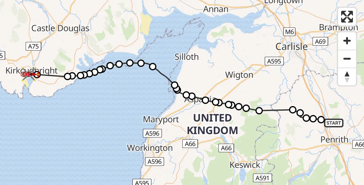 Flight route Air Ambulance Helicopter Penrith - Kirkcudbright, 16 August 2026, 18:08