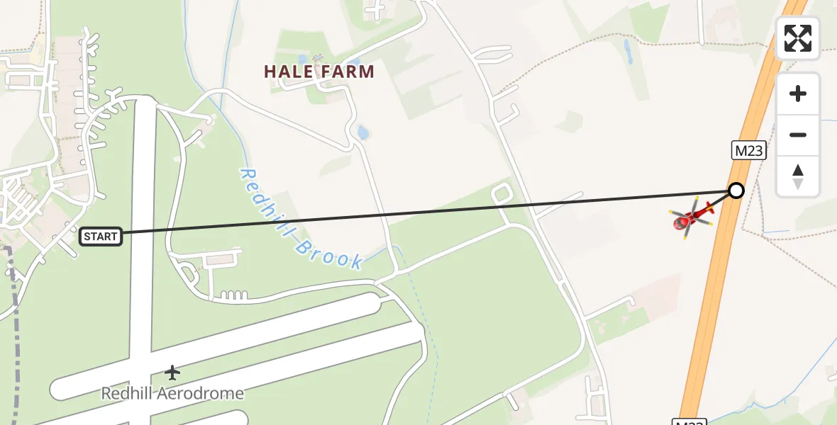 Flight route Air Ambulance Helicopter Redhill Aerodrome - South Nutfield, 16 August 2026, 18:10