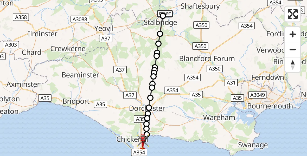 Flight route Air Ambulance Helicopter Henstridge Airfield - Weymouth, 16 August 2026, 18:18