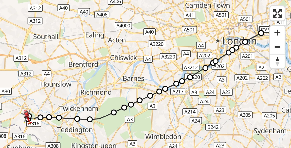 Flight route Air Ambulance Helicopter Royal London Hospital - Hanworth, 16 August 2026, 18:21