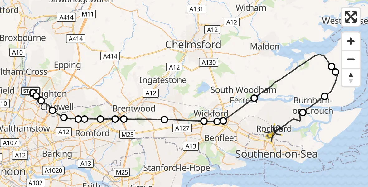 Flight route Police Helicopter Chingford - London Southend Airport, 16 August 2026, 18:22