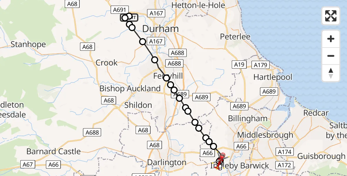 Flight route Air Ambulance Helicopter Langley Park - Egglescliffe, 16 August 2026, 18:30