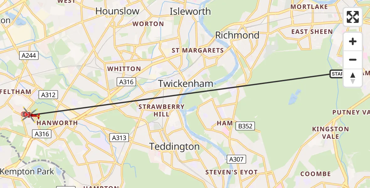 Flight route Air Ambulance Helicopter East Sheen - Feltham, 16 August 2026, 18:34
