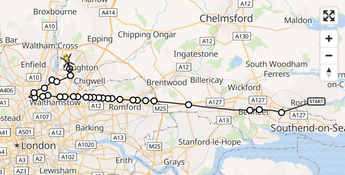 Flight route Police Helicopter Rochford - Sewardstonebury, 16 August 2026, 18:47