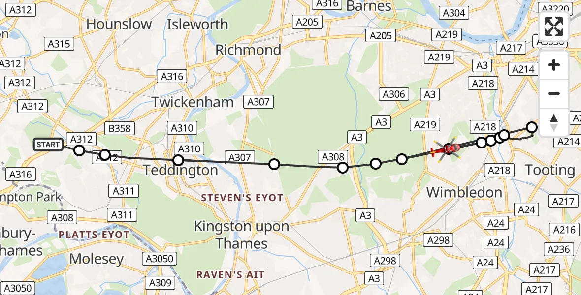 Flight route Air Ambulance Helicopter Hanworth - Merton, 16 August 2026, 19:05