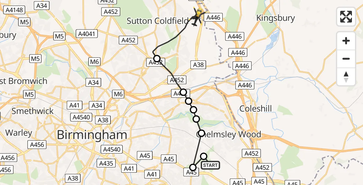 Flight route Police Helicopter Birmingham Airport - Sutton Coldfield, 16 August 2026, 19:11