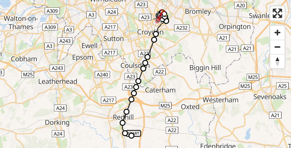 Flight route Air Ambulance Helicopter Redhill Aerodrome - South Norwood, 16 August 2026, 19:12