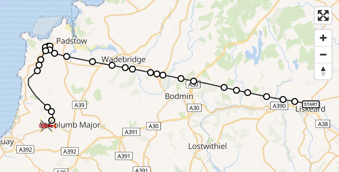 Flight route Air Ambulance Helicopter Liskeard - Cornwall Airport Newquay, 16 August 2026, 19:16