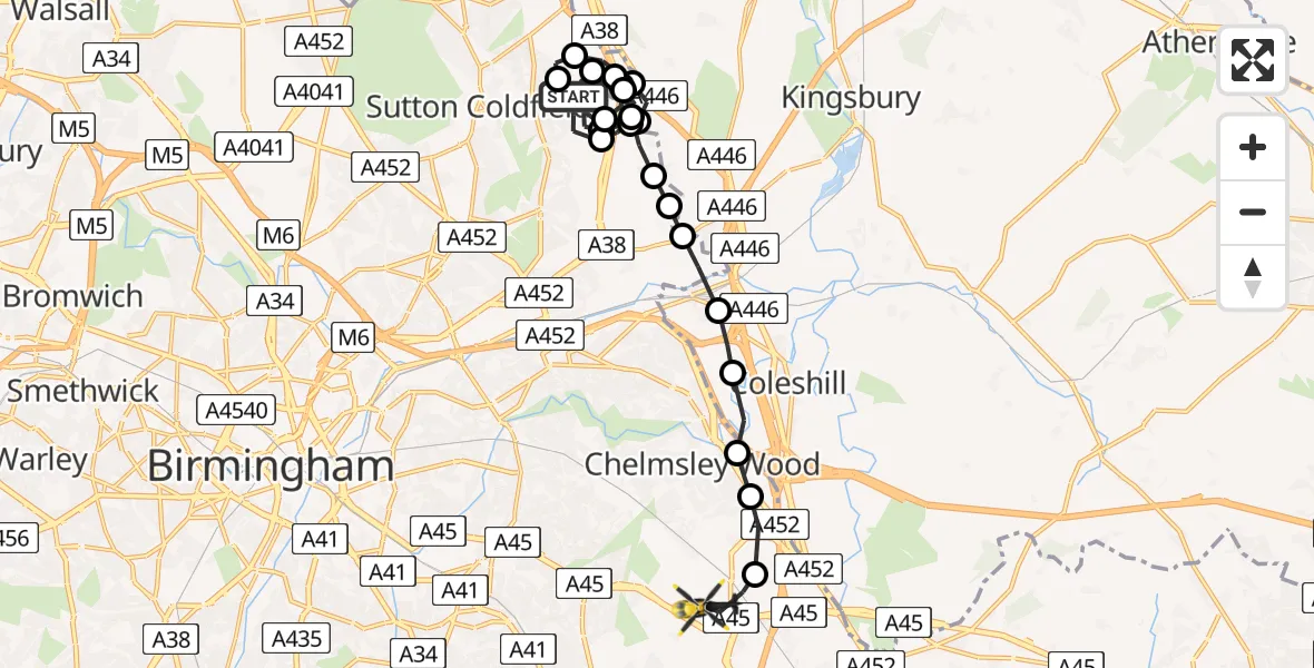 Flight route Police Helicopter Sutton Coldfield - Birmingham Airport, 16 August 2026, 19:22