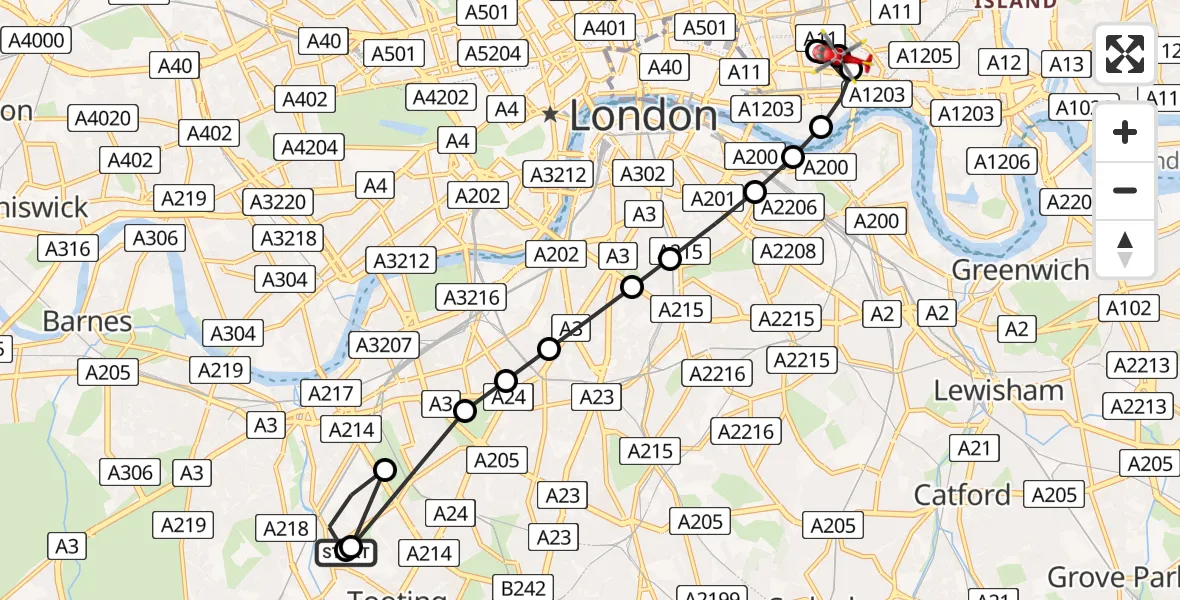Flight route Air Ambulance Helicopter Summerstown - Shadwell, 16 August 2026, 19:47
