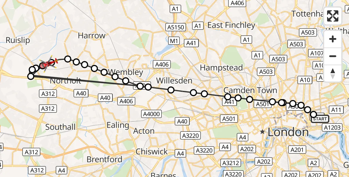 Flight route Air Ambulance Helicopter Royal London Hospital - Hillingdon, 16 August 2026, 20:00