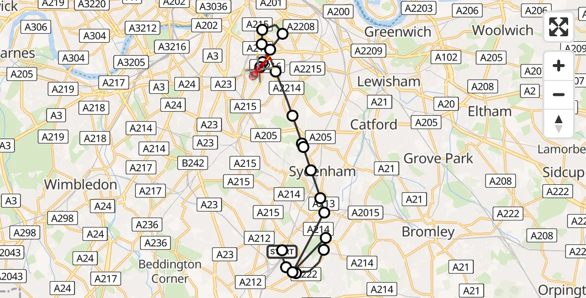 Flight route Air Ambulance Helicopter South Norwood - Kings College London Hospital, 16 August 2026, 20:29