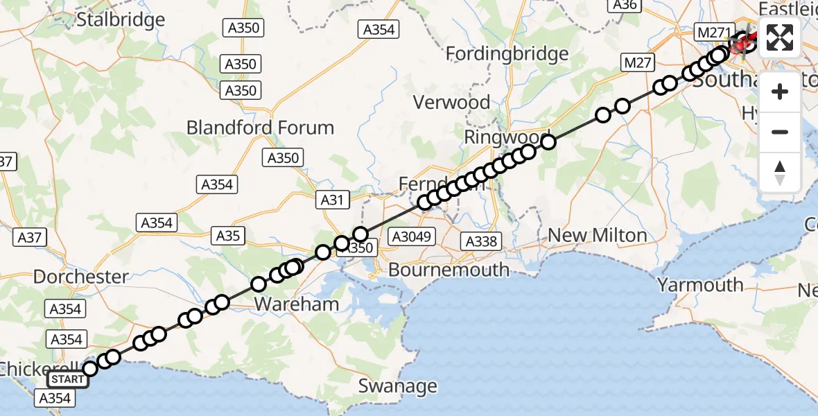Flight route Air Ambulance Helicopter Weymouth - Aldermoor, 16 August 2026, 20:29