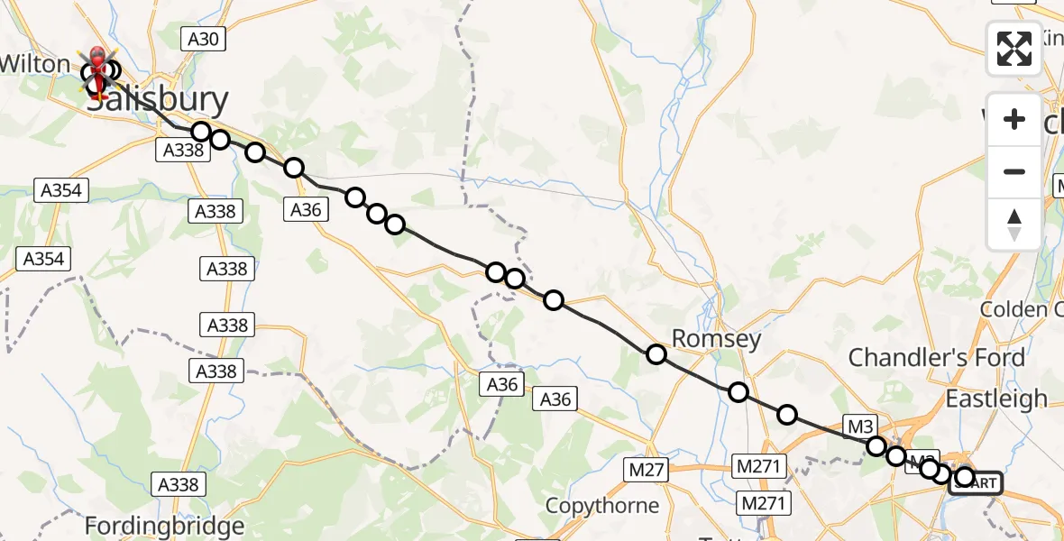 Flight route Air Ambulance Helicopter Southampton Airport - Salisbury, 16 August 2026, 20:37