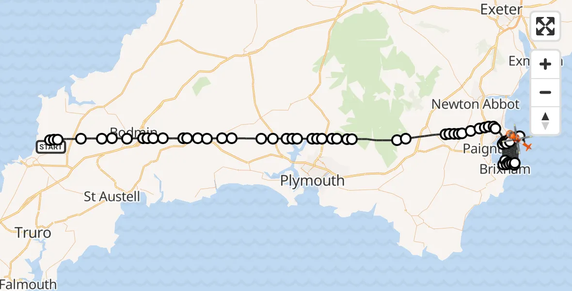 Flight route Coastguard Helicopter Cornwall Airport Newquay - English Channel, 16 August 2026, 20:53