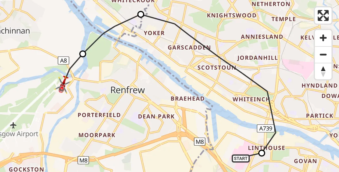 Flight route Air Ambulance Helicopter Queen Elizabeth Hospital - Renfrew, 16 August 2026, 20:55