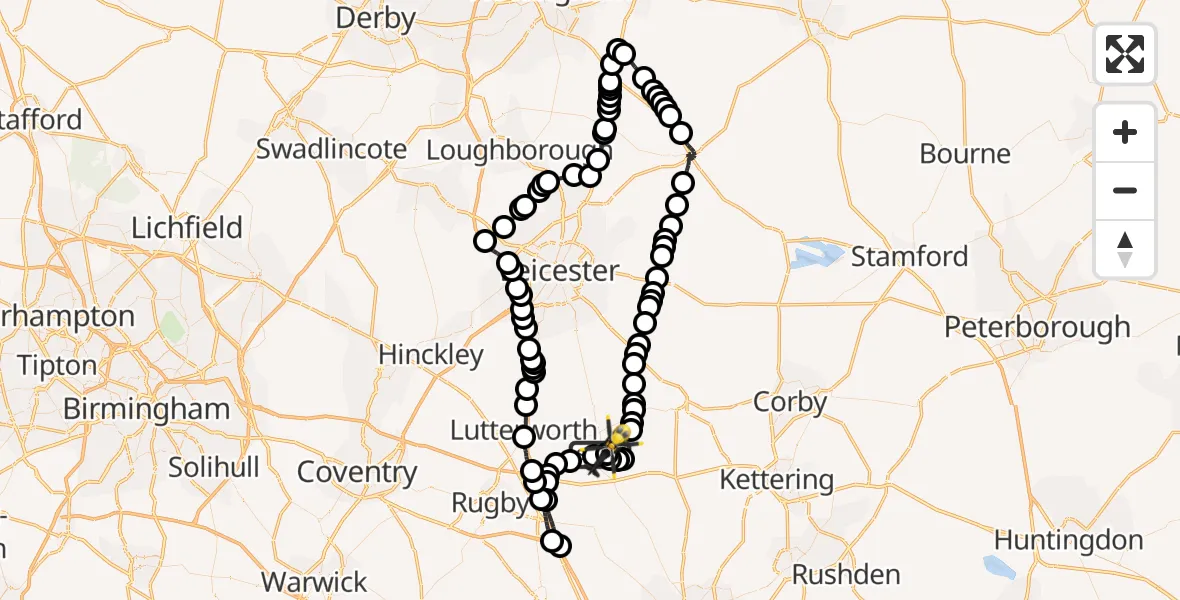 Flight route Police Helicopter Husbands Bosworth - Harborough, 16 August 2026, 21:01