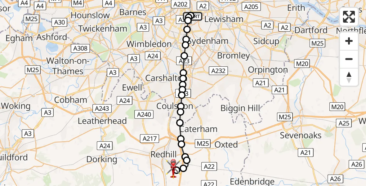 Flight route Air Ambulance Helicopter Kings College London Hospital - Redhill Aerodrome, 16 August 2026, 21:15