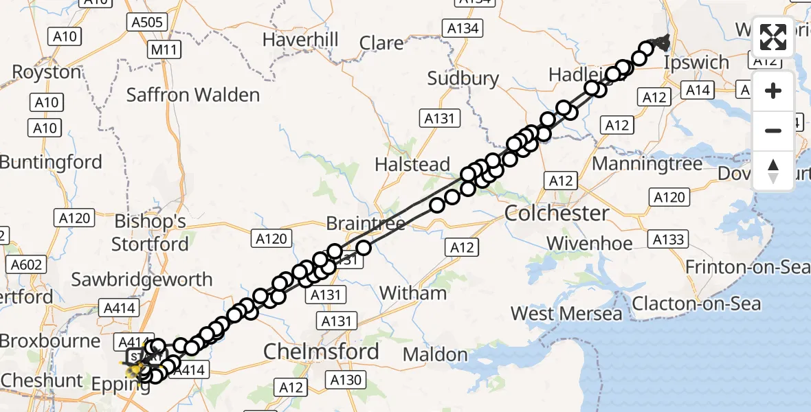 Flight route Police Helicopter North Weald Airfield - North Weald Bassett, 16 August 2026, 21:24